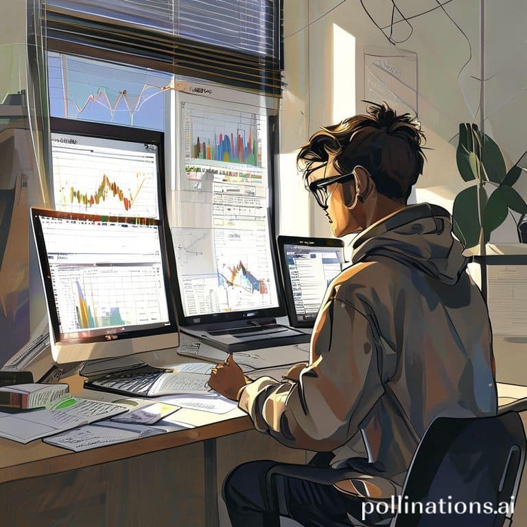 warum - A student diligently studying financial charts and textbooks on a desk, surrounded by notes and a laptop displaying t