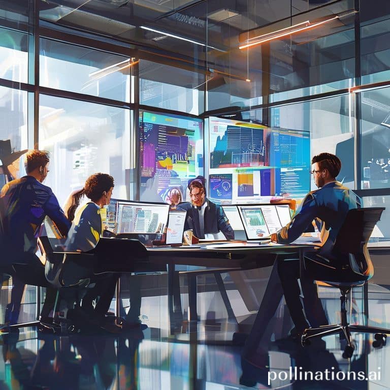 scharfe - A diverse team of professionals in a modern, brightly lit office collaborating intensely around a large screen, sho