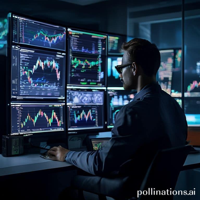 A professional forex trader analyzing multiple currency charts on a sophisticated multi-monitor setup, surrounded by data vis