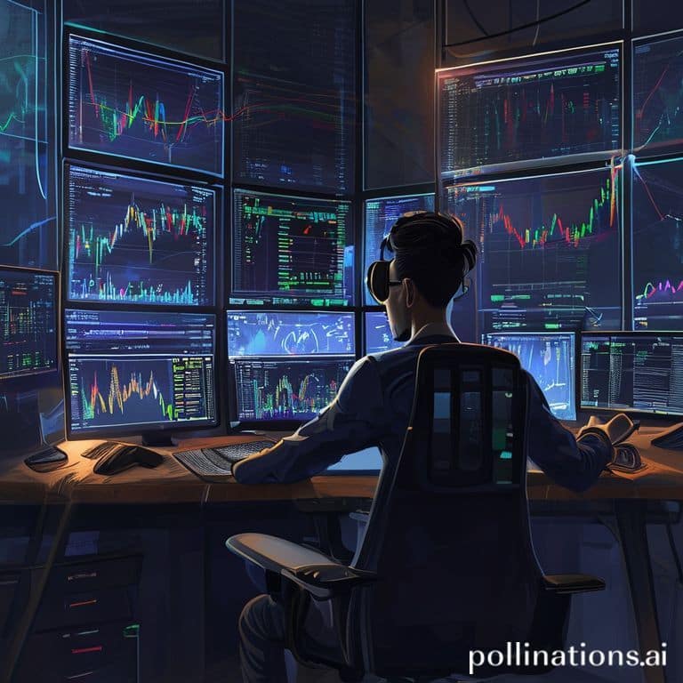 essentielle - A calm, focused trader meditating at a desk in front of multiple computer screens displaying financial charts,