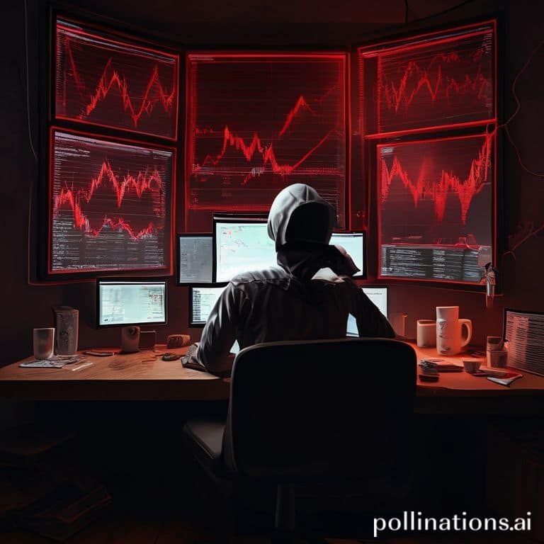 ultimative - A lone trader sits at a desk, head in hands, looking at multiple monitor screens displaying complex financial ch