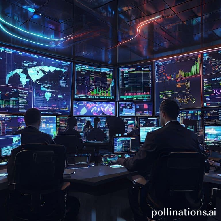 proven - A detailed, high-tech financial trading room with multiple large screens displaying complex Forex charts, real-time