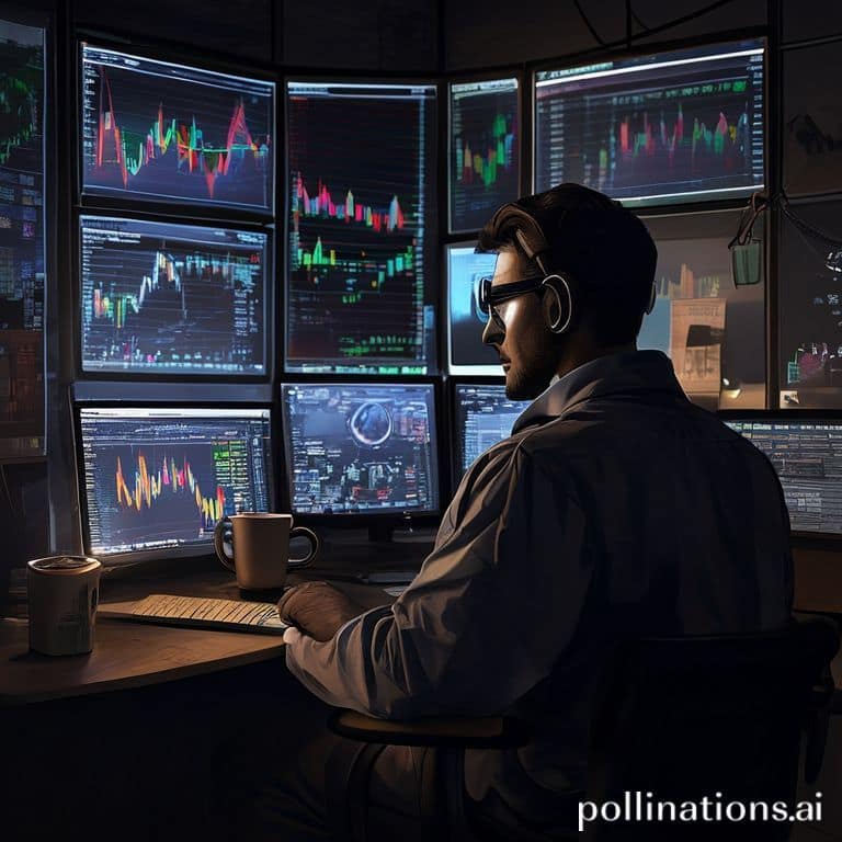 przise - A focused trader looking intently at multiple computer screens displaying complex Forex charts, indicators, and cand