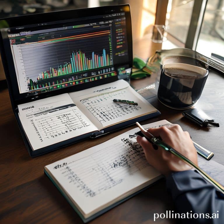 profit - A detailed trading journal open on a desk with a laptop displaying financial charts, a cup of coffee, and a pen. The