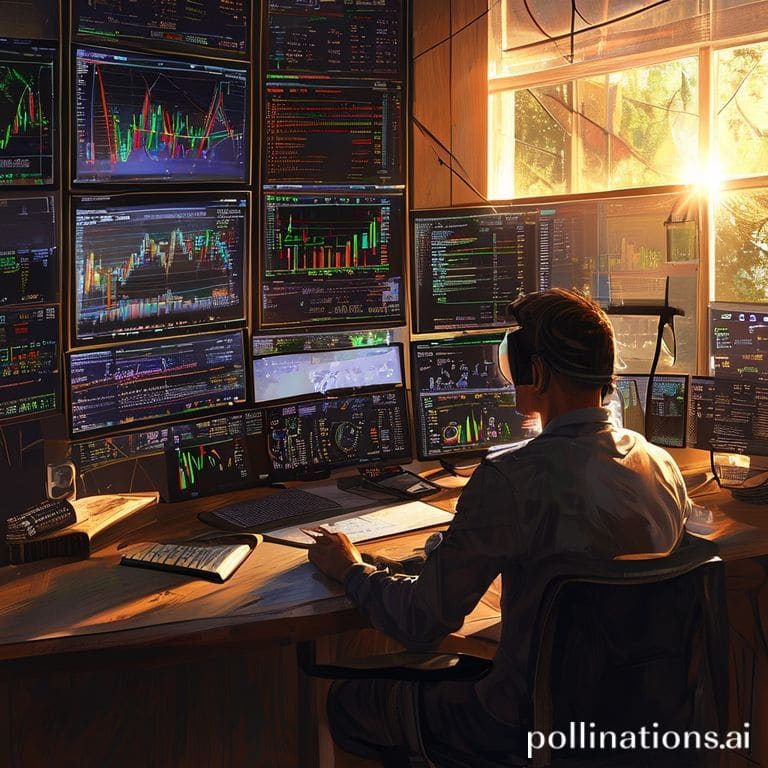 warum - A detailed trading desk setup with multiple monitors displaying charts, financial data, and risk management tools, a