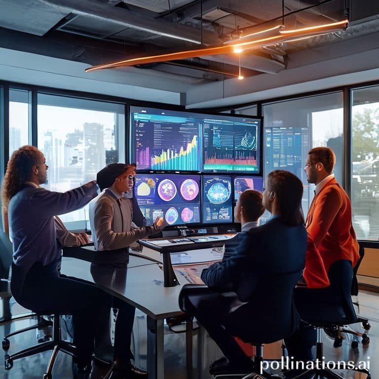 essential - A diverse group of business professionals in a modern, brightly lit office space, gathered around a large interac