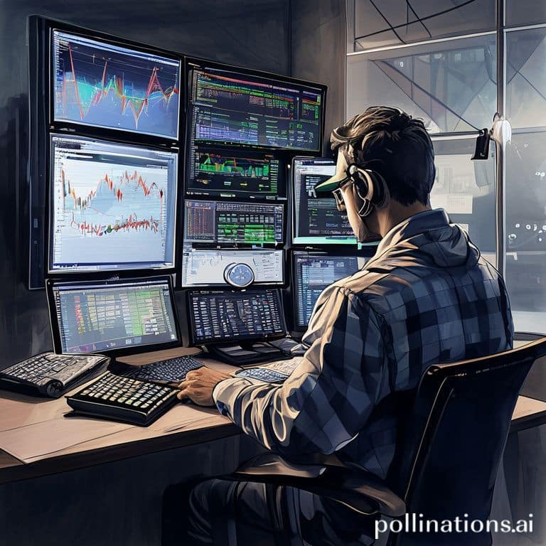 essential - A trader meticulously calculating risk and position size on a multi-monitor setup, with charts showing precise en