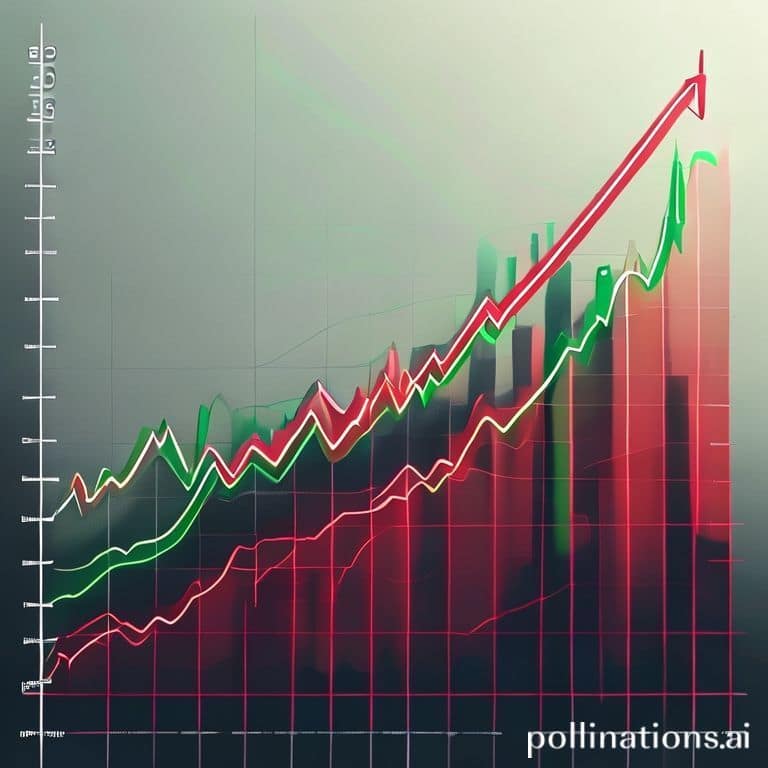 A detailed stock chart showing an upward trend with a green line representing the asset price and a red dashed line illustrat