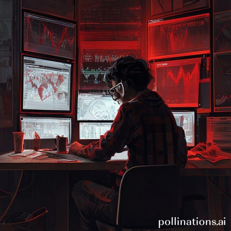 grnde - A person sitting at a desk, looking stressed and frustrated while staring at multiple computer screens displaying com