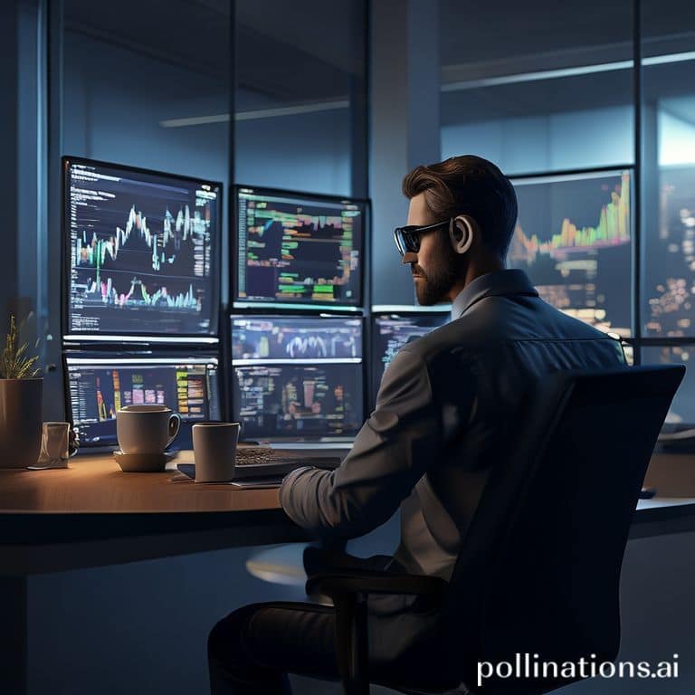 profit - A focused forex trader sitting at a desk with multiple monitors displaying charts and data, a cup of coffee nearby,