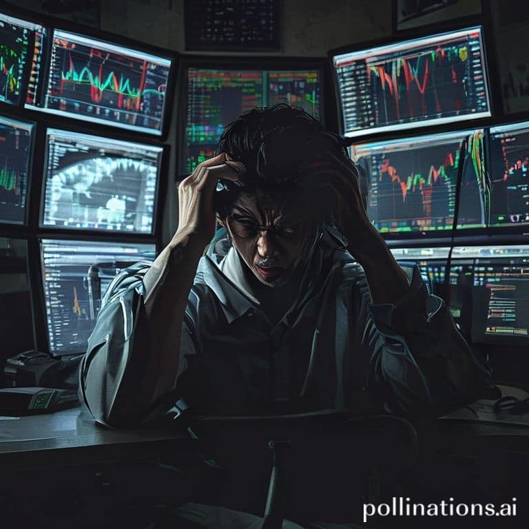 warum - A frustrated trader sitting at a desk, surrounded by multiple monitors displaying complex charts and numbers. Their f