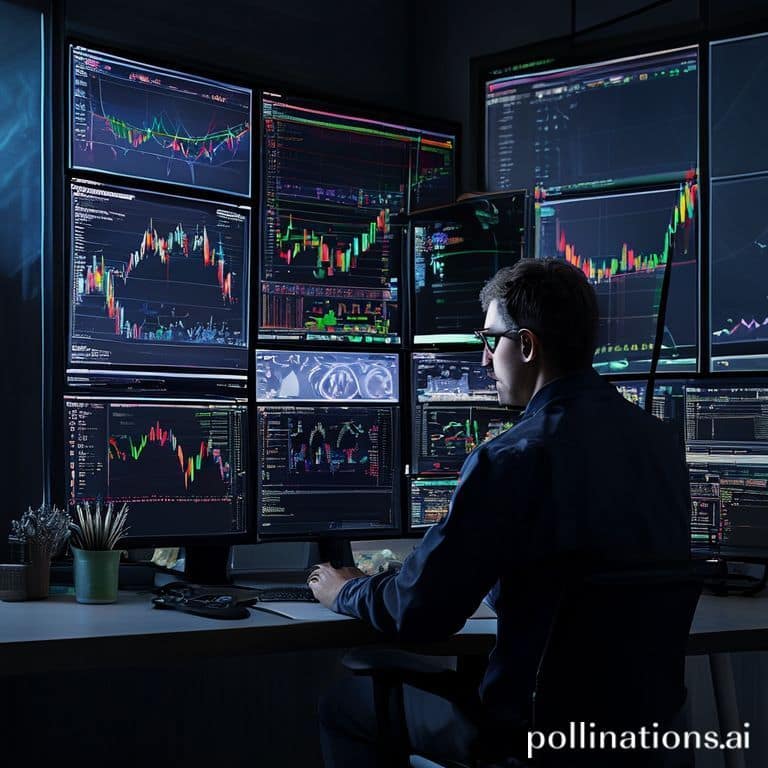 profit - A trader meticulously analyzing multiple charts on a multi-monitor setup, displaying various technical indicators li