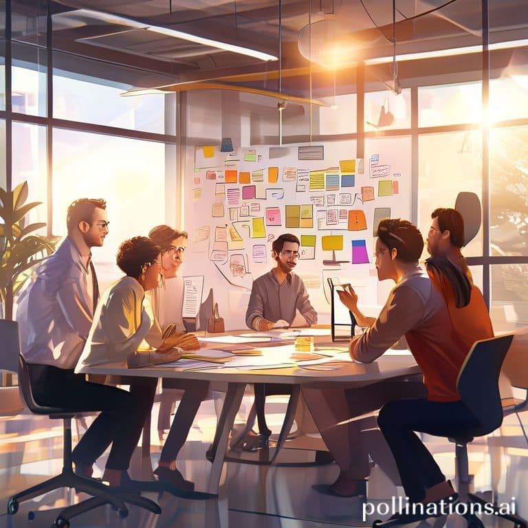 A diverse team of professionals collaborating around a large table, brainstorming ideas with sticky notes and diagrams on a w