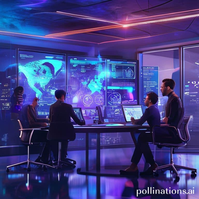 rolle - A futuristic, sleek office environment with diverse professionals collaborating around a holographic display showing