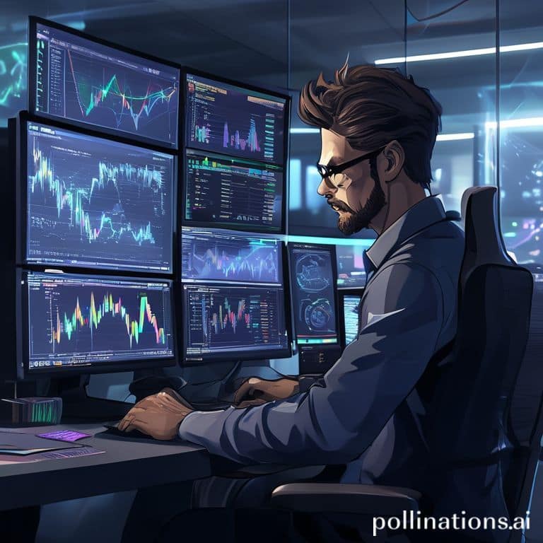 profit - A professional trader meticulously calculating positions on a multi-monitor setup, displaying complex charts and fin