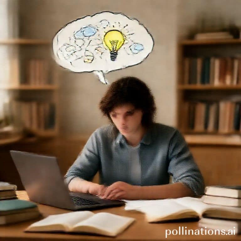 optimale - A person sitting at a desk, surrounded by open books and a laptop, with a thought bubble above their head illustra