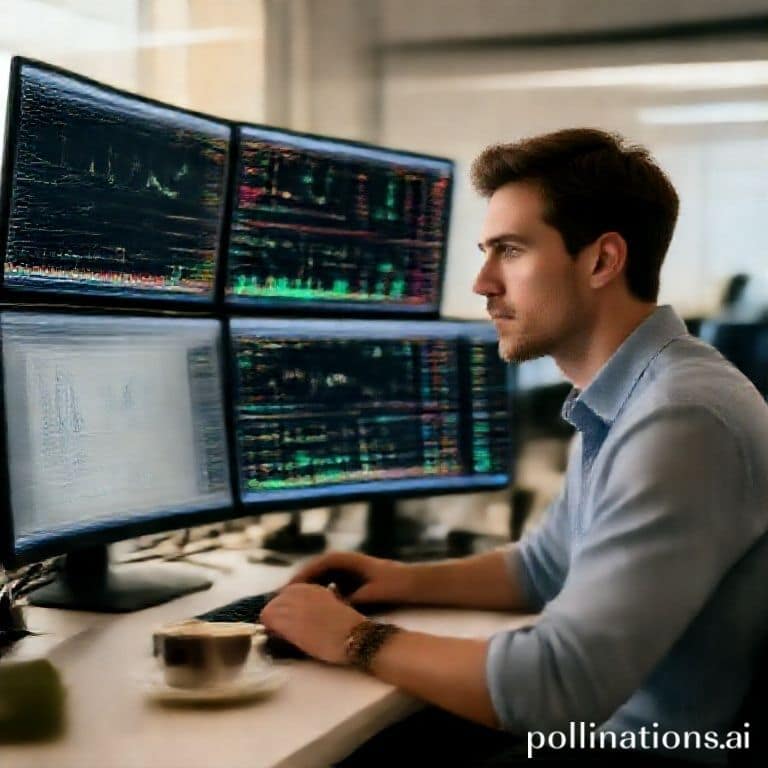 smart - A focused trader looking at multiple screens displaying complex financial charts and data, a cup of coffee on the des