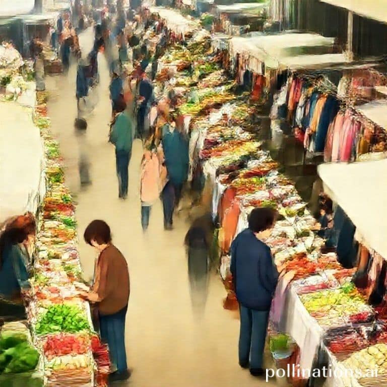 essentielle - A diverse marketplace scene with various stalls selling different products like fresh produce, handcrafted good