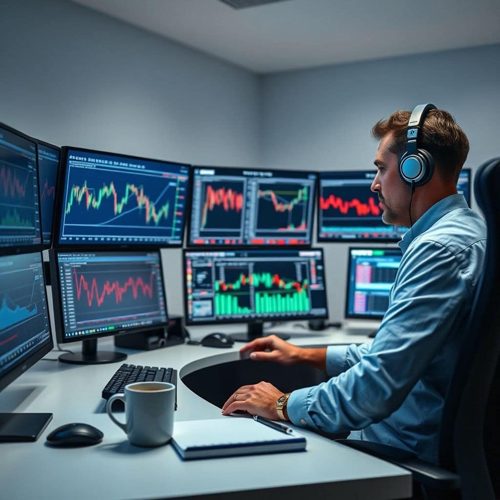warum - A modern trading desk setup with multiple monitors displaying stock charts, real-time data feeds, and financial news.