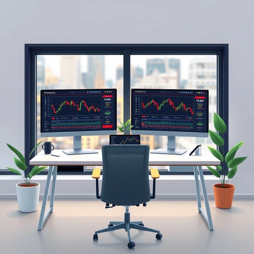 profit - modern, minimalist home office setup with dual monitors displaying forex charts and trading platforms, a clean desk