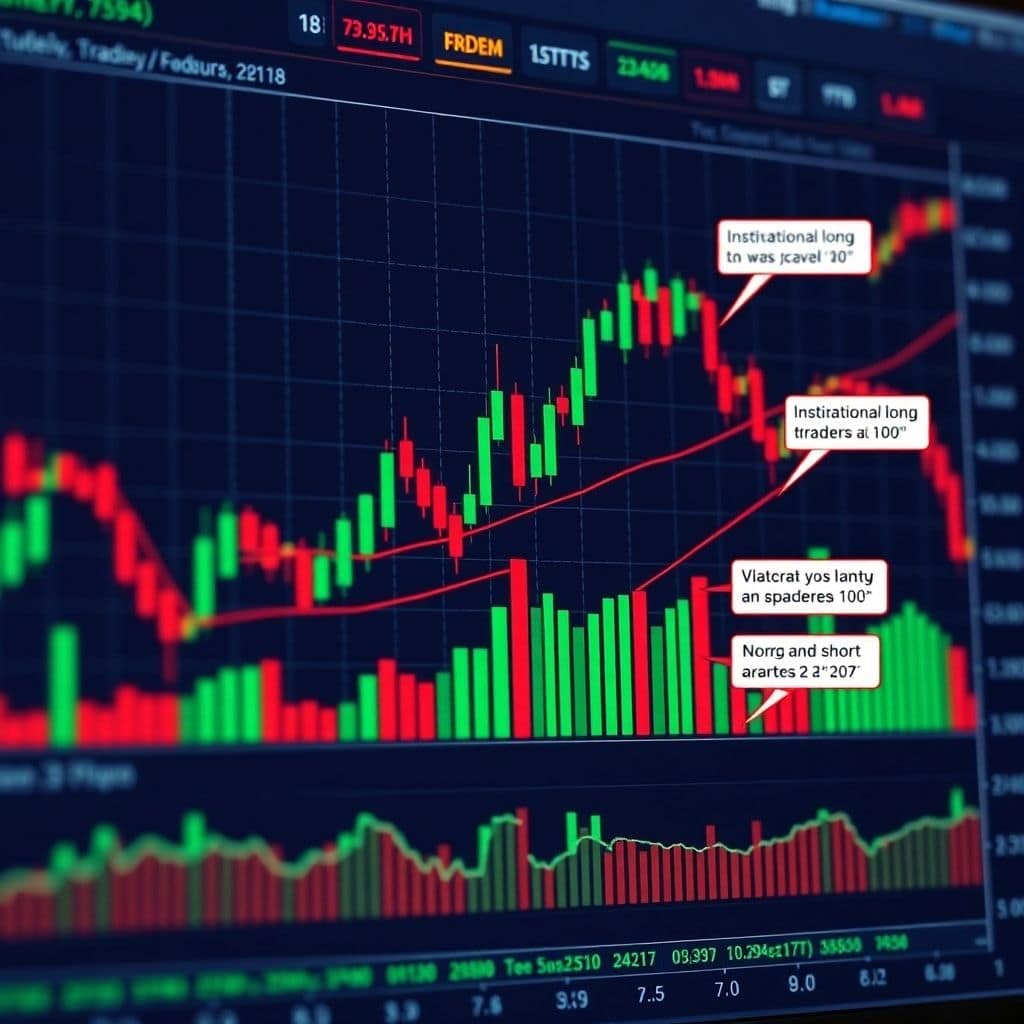 forexmarktliquiditt - A complex financial chart displaying candlestick patterns, volume bars, and an overlay of the Commitmen