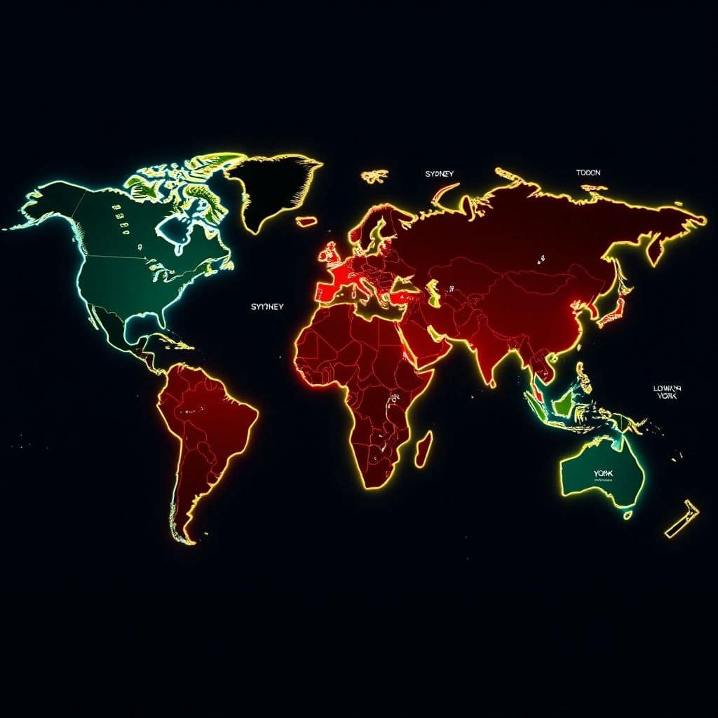 unlock - A detailed world map showing the four major Forex trading sessions (Sydney, Tokyo, London, New York) highlighted wit