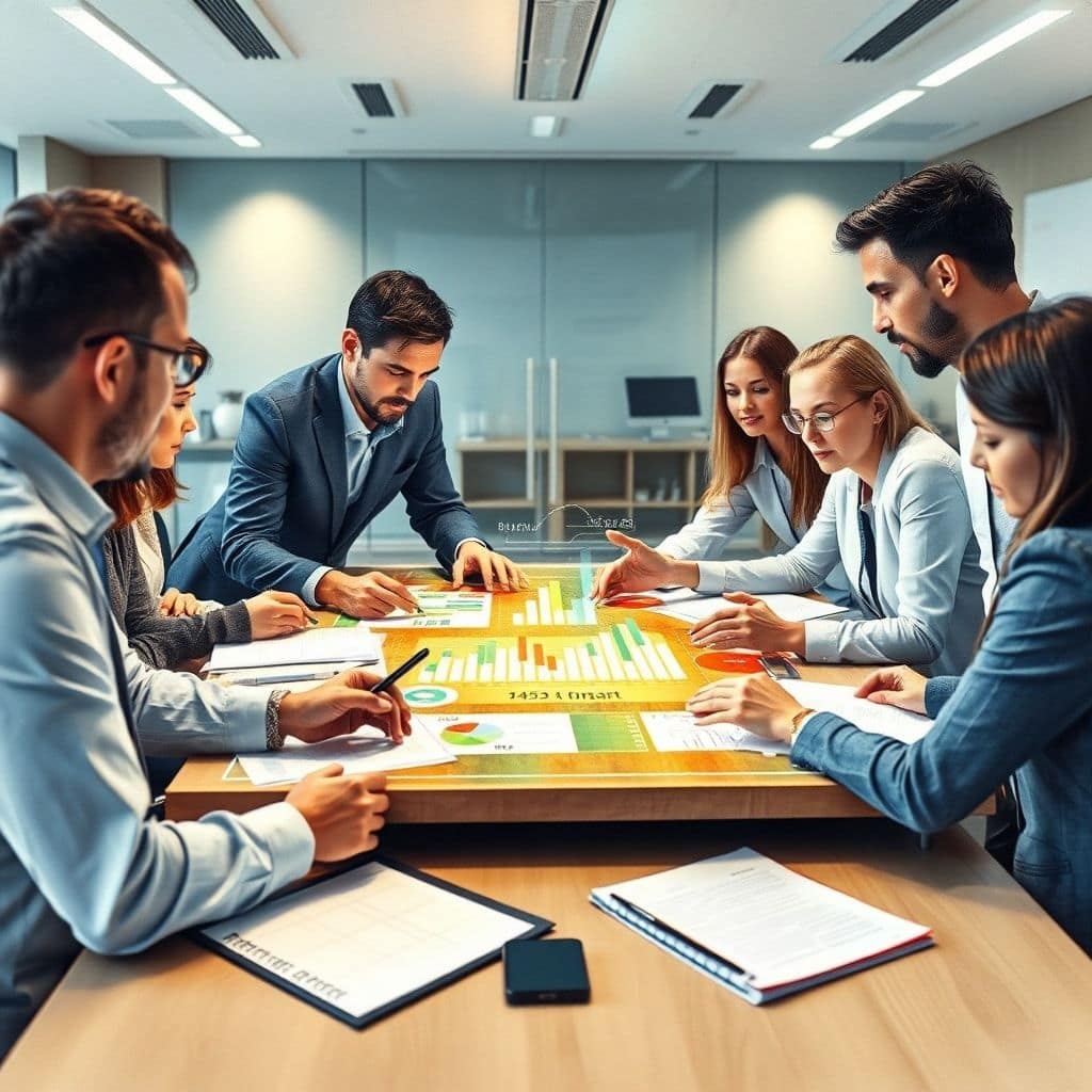 marktstrukturanalyse - A diverse team of business professionals collaborating around a large table, analyzing charts and data