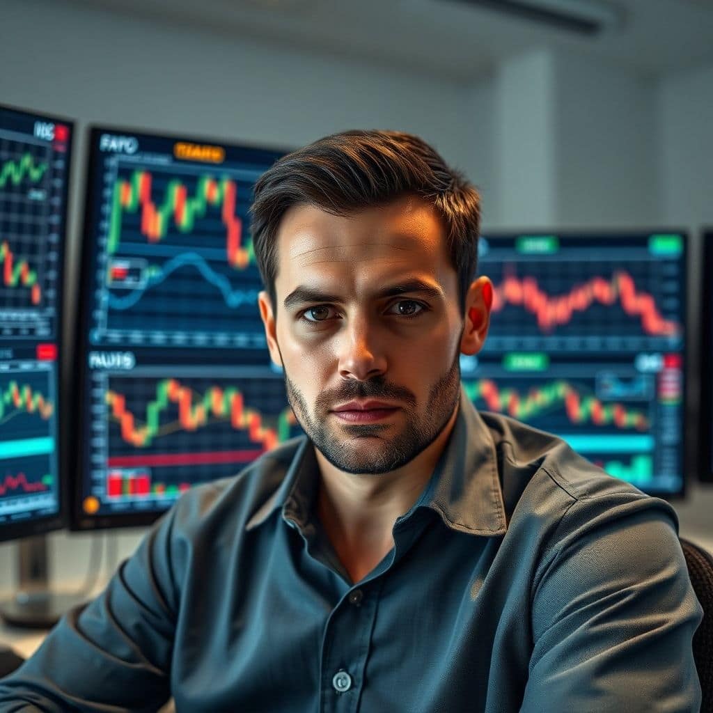 A focused trader, sitting in front of multiple monitors displaying complex Forex charts and data, with a calm and determined