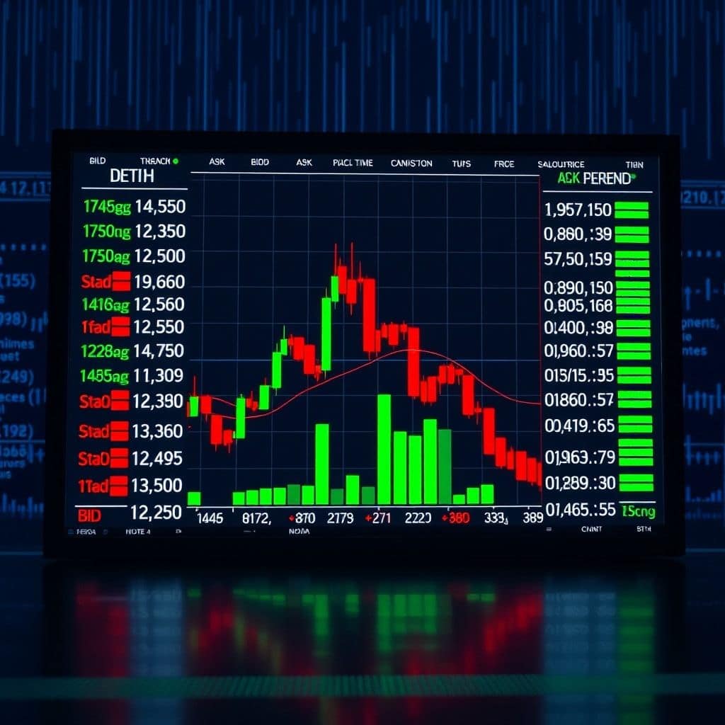 a vibrant digital display showing a real-time Forex market depth chart, with bid and ask prices stacked on either side, green