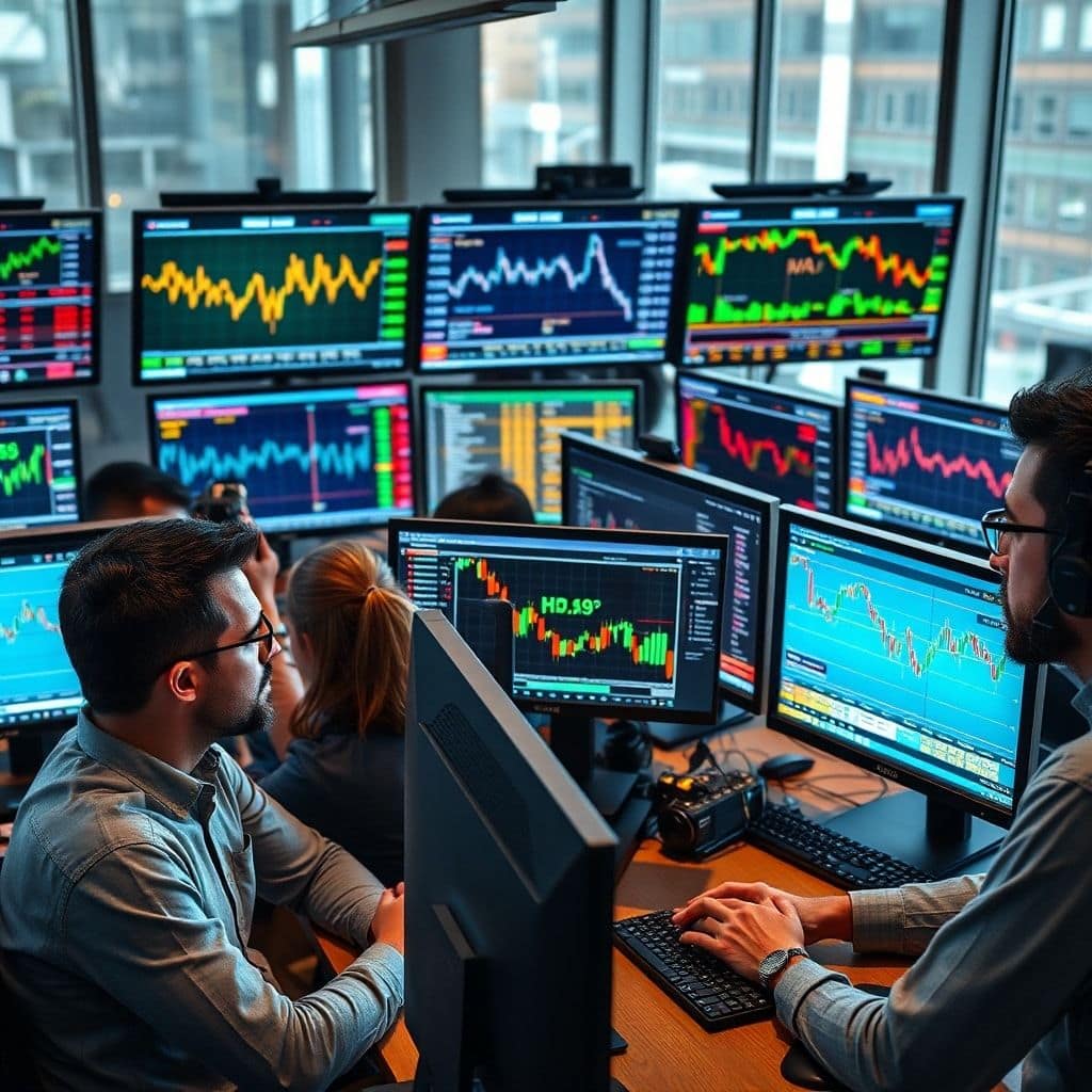 happens - a diverse group of forex traders intently watching multiple computer screens displaying real-time currency charts a