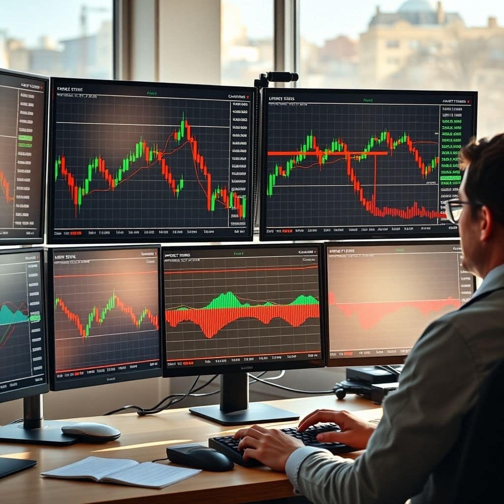 unlock - A professional Forex trader's multi-screen setup showing charts with candlestick patterns, order blocks, liquidity z
