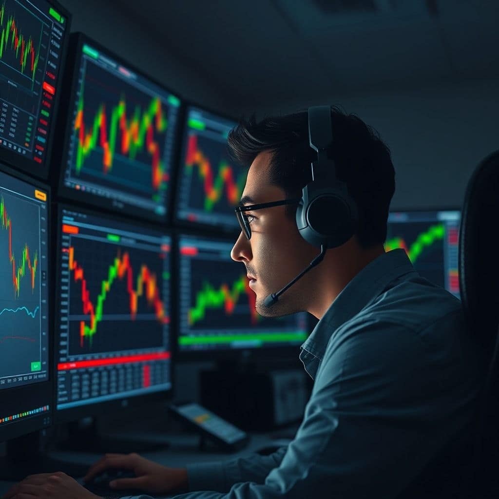 unlock - A professional trader intently watching multiple screens displaying intricate Forex charts, with green and red candl