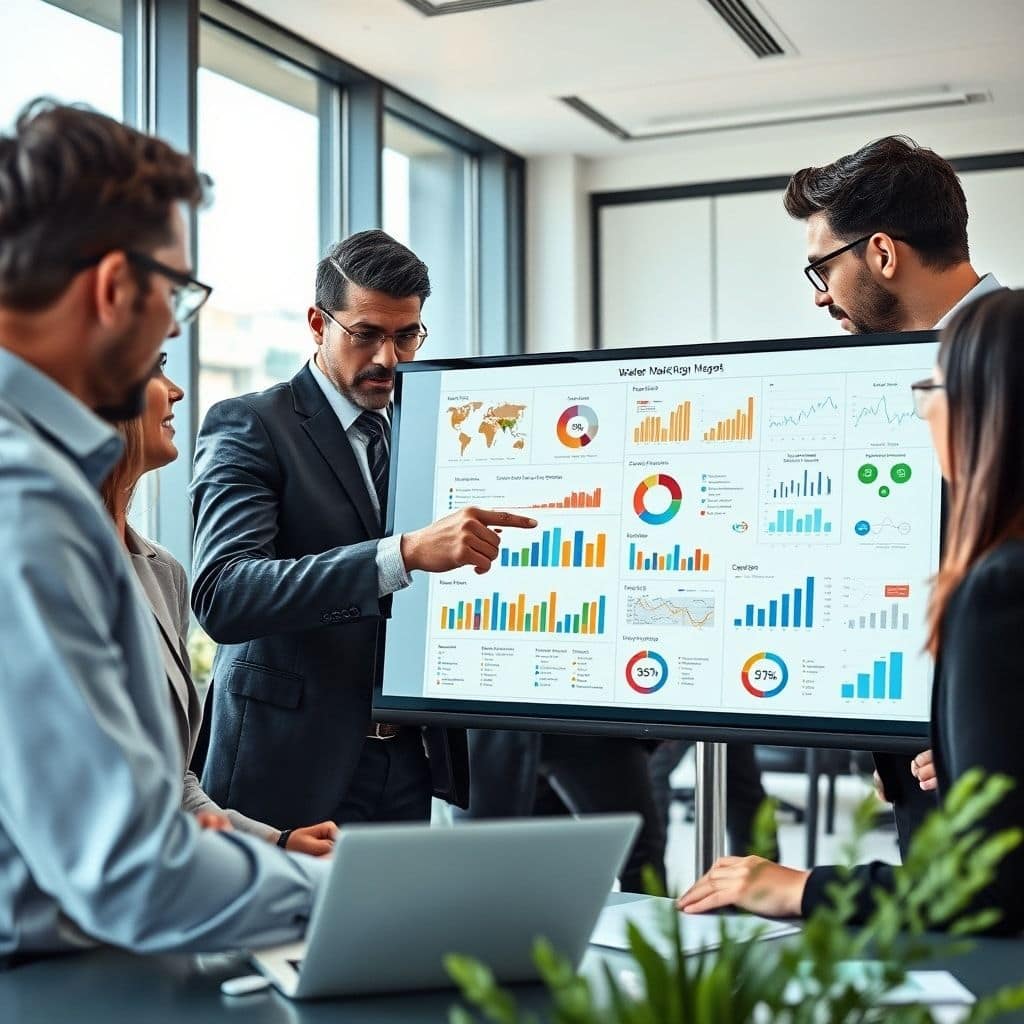 A diverse group of business professionals in a modern, sunlit office collaborating around a large interactive screen displayi