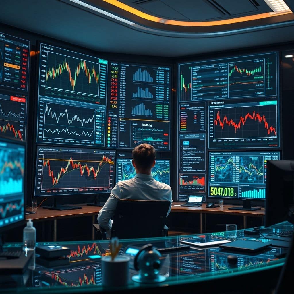przise - futuristic trading desk with multiple holographic screens displaying complex financial charts, real-time data stream
