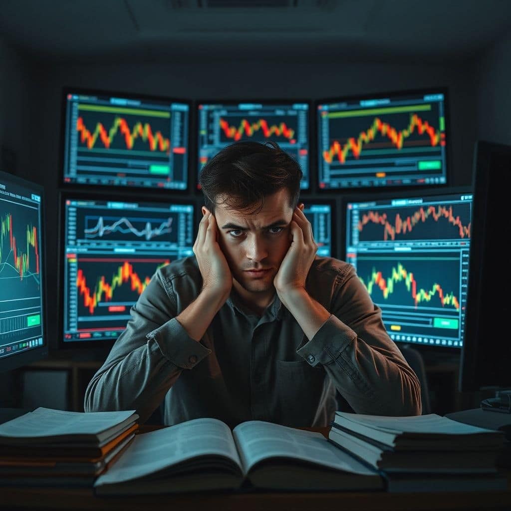 A confused young man sitting at a desk with multiple complex trading charts on monitors, looking overwhelmed and frustrated,