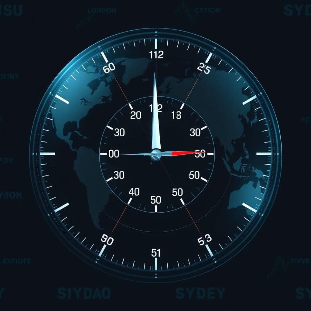 A global clock displaying different time zones for major financial centers like London, New York, Tokyo, and Sydney, with ove