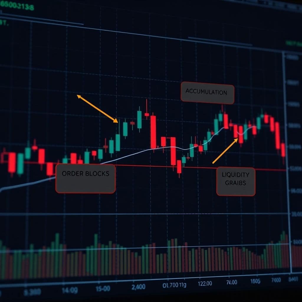 unlock - A detailed chart showing candlestick patterns on a Forex pair, with highlighted areas indicating institutional accum