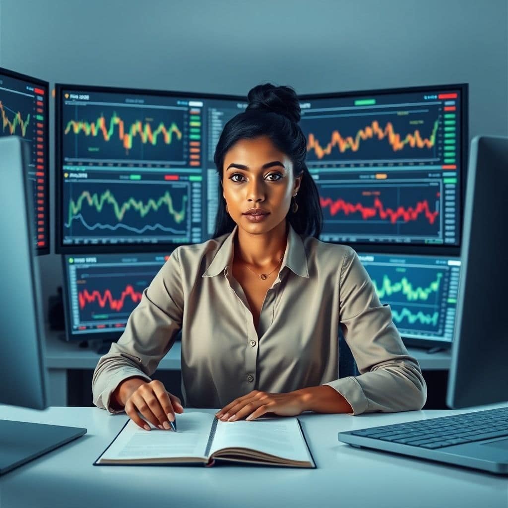 unlock - A disciplined Forex trader, calm and focused, sitting in front of multiple monitors displaying complex charts and fi