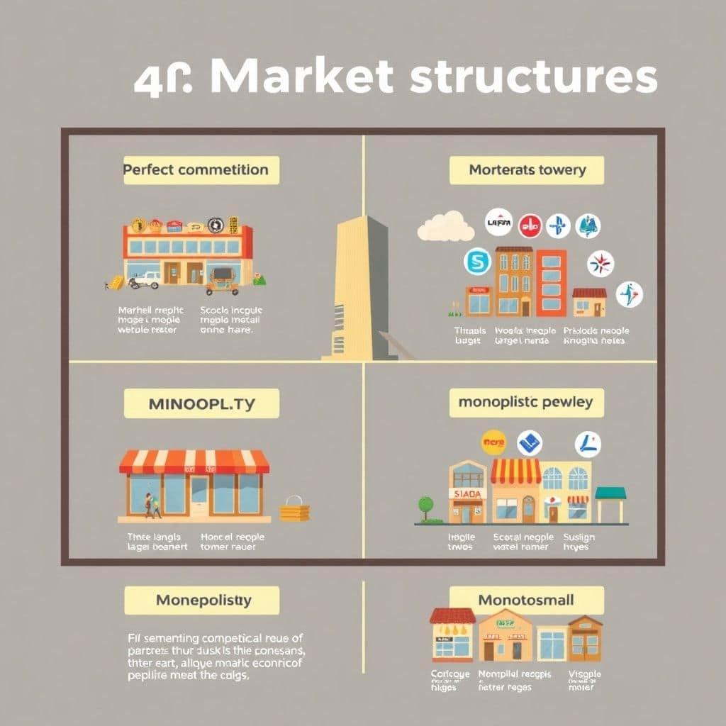 marktstruktur - A detailed infographic illustrating the four main market structures: Perfect Competition, Monopoly, Oligopoly