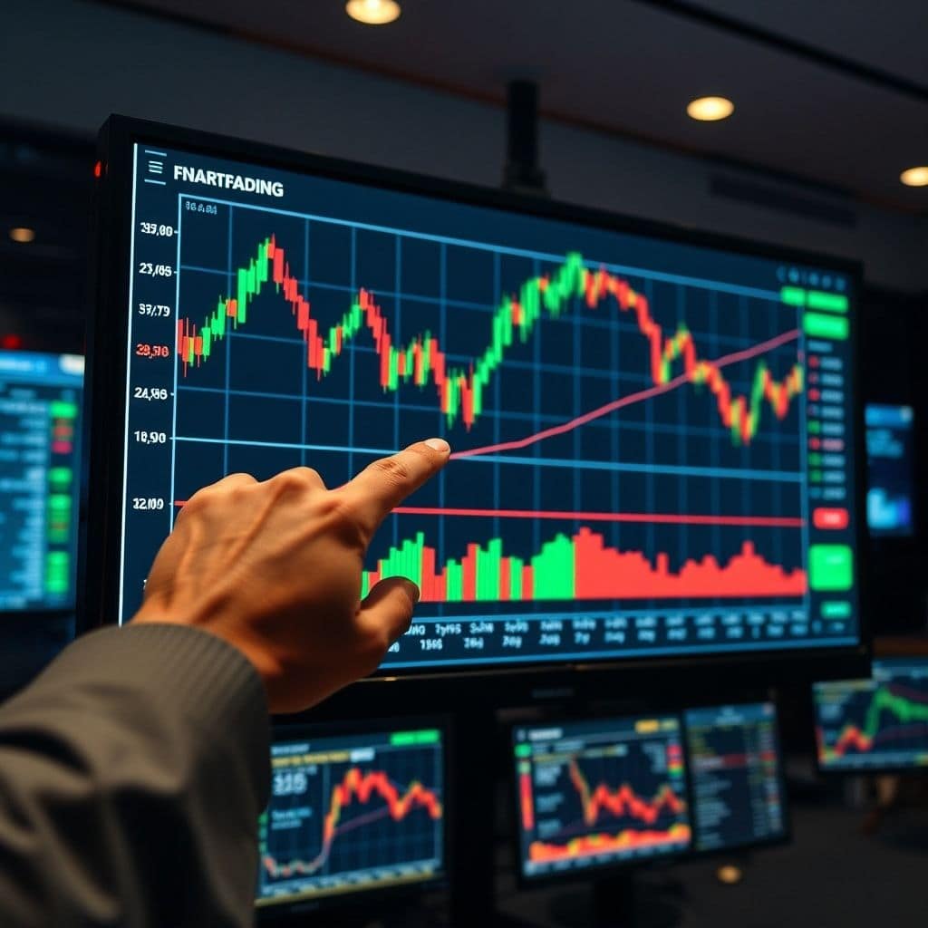 essential - A detailed forex trading chart displayed on a large monitor, showing various technical indicators like moving ave