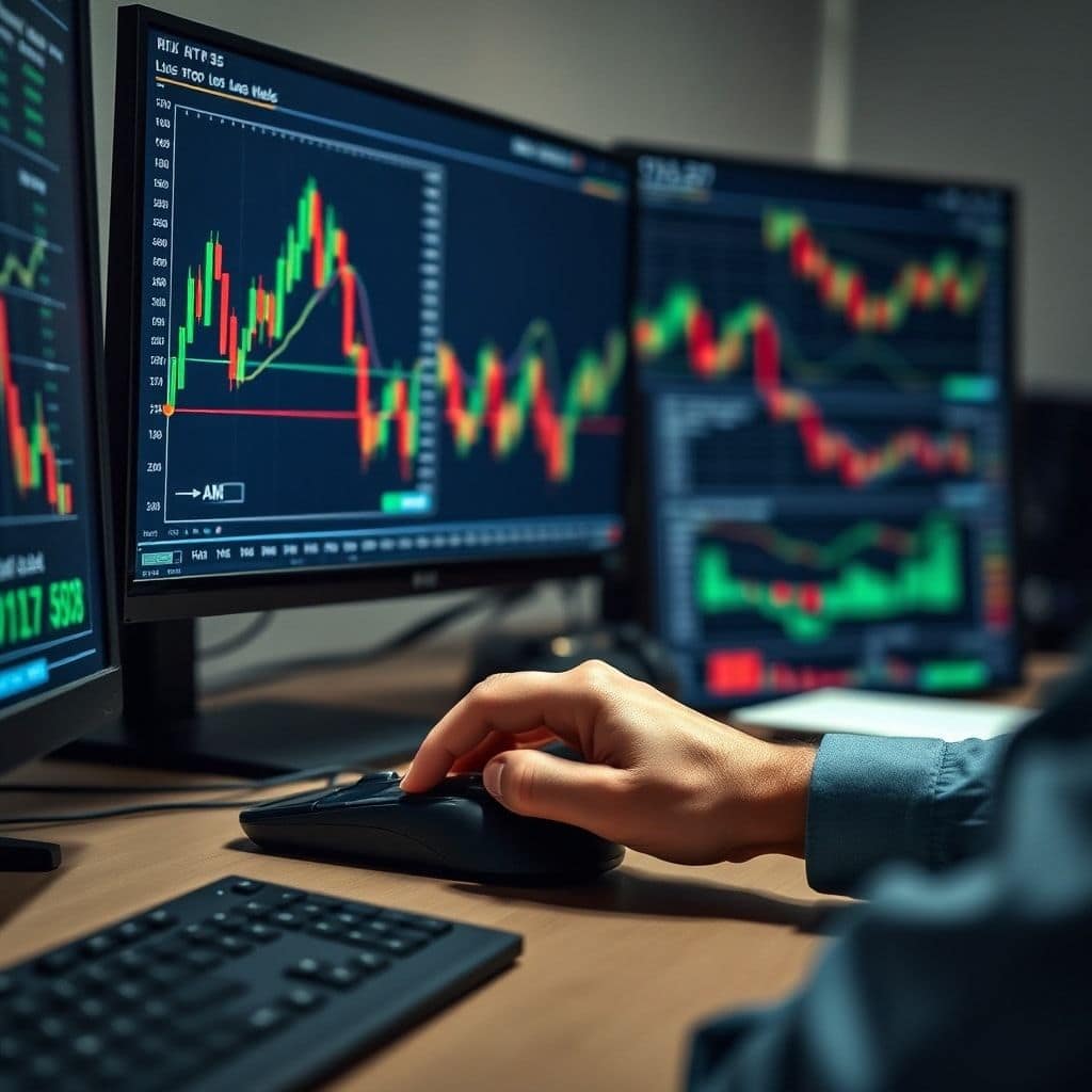 stoplossplatzierung - A trader's desk with multiple monitors displaying stock charts, candlesticks, and technical indicators.