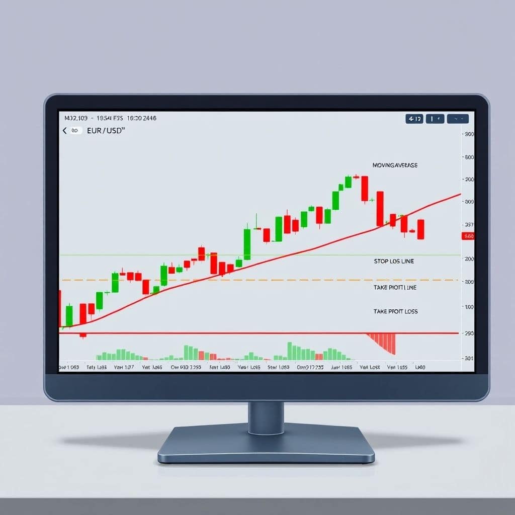 mastering - A detailed chart of the EUR/USD currency pair on a trading platform, showing candlestick patterns, moving average